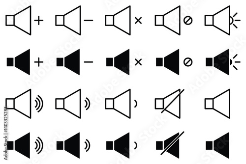 Audio icon set. No sound, No speaker, speaker mute sign. Volume off symbol, silent mode icon collection vector illustration.