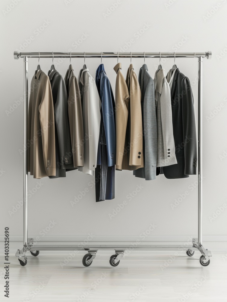 Sturdy industrial style rolling clothes rack with brushed metal frame and four rubber wheels standing in white trendy showroom. Sturdy industrial style rolling clothes rack with brushed metal frame and four rubber wheels standing in white trendy showroom.