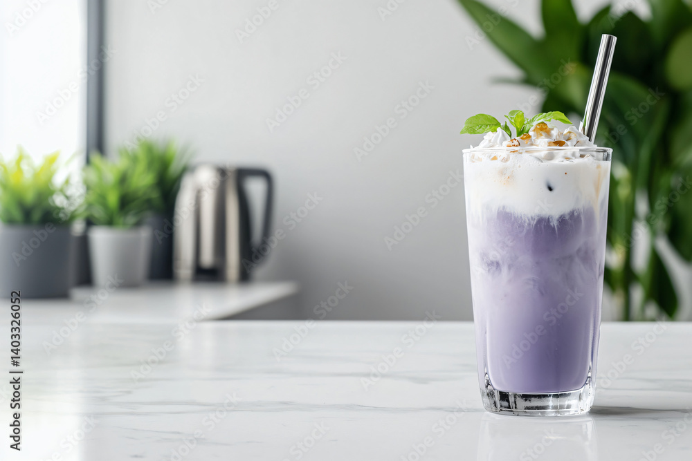 Artisanal purple taro iced coffee with delicate milk foam art in frost-rimmed tall glass, resting on marble countertop