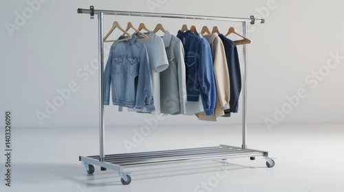 A sturdy metal clothing rack with caster wheels, standing on a smooth white floor. Hanging on wooden hangers is a selection of everyday basics: classic blue jeans, plain white t-shirts, and casual hoo