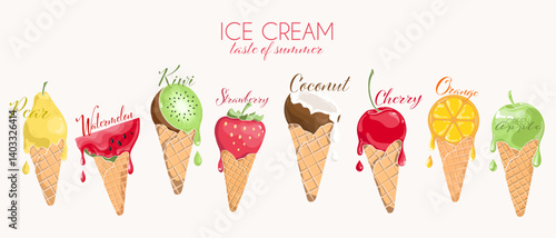 set with different types of fruit ice cream with different flavors, frozen fruit ice in a waffle cone, with the taste of cherry, cubes, watermelon, coconut