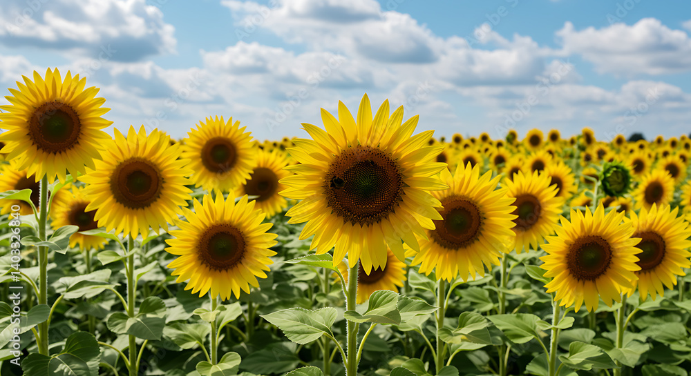 Golden sunflowers facing the sun under a vibrant blue sky with fluffy clouds in a sprawling field. Golden sunflowers facing the sun under a vibrant blue sky with fluffy clouds in a sprawling field.