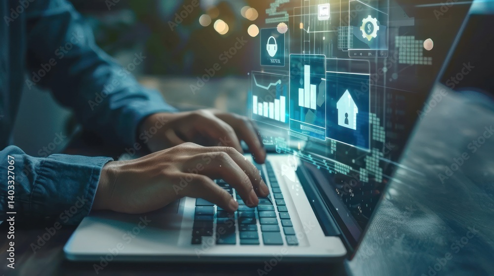 A person is typing on a laptop with a screen displaying graphs and charts. A person is typing on a laptop with a screen displaying graphs and charts.