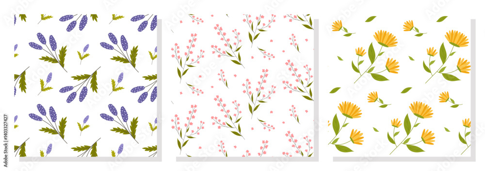 Fototapeta premium Collection of spring flower patterns. Summer wildflowers flat patterns. Perfect for fabric, textile, wallpaper, decor, print and packaging of products. Vector illustration in simple flat style.