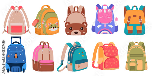 Collection of childish colorful school backpacks. Set of cartoon textile school bags, backpacks for educational supplies. Back to school. Flat vector illustration isolated on white background.