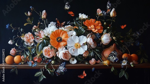 Still Life with Orange Flowers  Butterflies  and Fruit