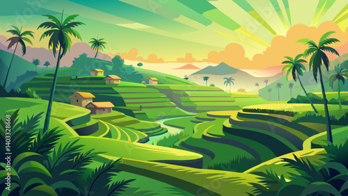 A lush green field with palm trees and houses in the background. The scene is peaceful and serene