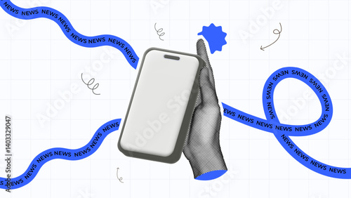halftone collage, Breaking news alert with smartphone white space, hand, and dynamic blue and black NEWS text. media, journalism, mobile news apps, and digital communication