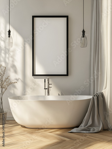 Mockup of Modern Bathroom with Blank Frame Above Minimalist Sink, Clean Lines, and Sleek Accessories