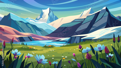 A beautiful mountain landscape with a river running through it. The mountains are covered in snow and the river is crystal clear. The flowers are in full bloom, adding a pop of color to the scene