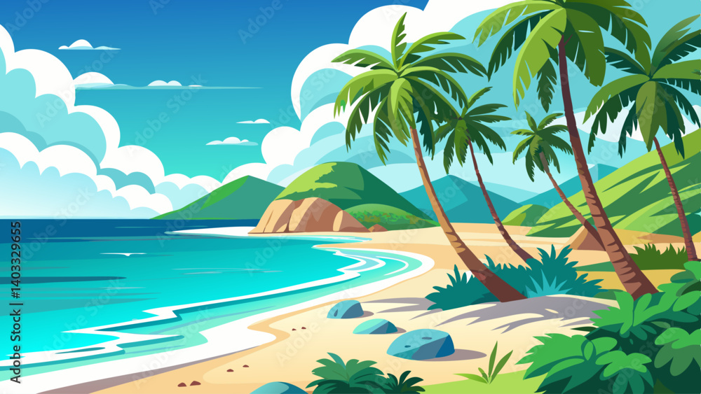 A beautiful beach scene with palm trees and a blue ocean. Scene is calm and relaxing A beautiful beach scene with palm trees and a blue ocean. Scene is calm and relaxing