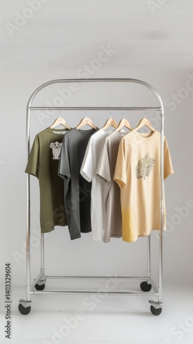 Wallpaper Mural Stylish silver clothes hanger on wheels with an elegant curved frame and sturdy wheels standing on a seamless white studio background. Torontodigital.ca