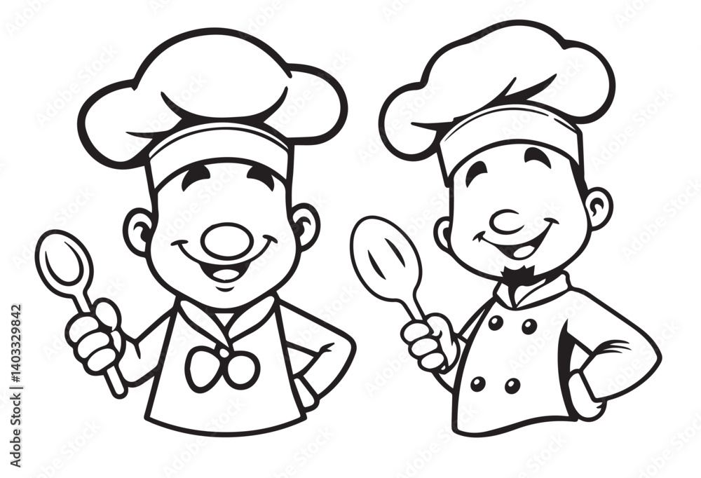 Cartoon Illustration of Two Chefs With Hats and Spoons Smiling Cartoon Illustration of Two Chefs With Hats and Spoons Smiling