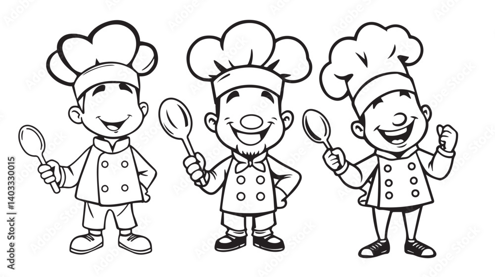 Obraz premium Black and white illustration of three happy cartoon chefs, each holding a spoon and smiling energetically, depicted in a delightful line art style, emphasizing teamwork, cooking, and culinary fun.