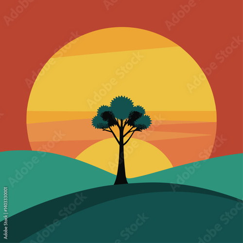 A tree stands in the middle of a green hillside, with a large orange sun in the background. The scene is peaceful and serene, with the tree providing a sense of stability