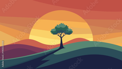 A tree stands in the middle of a green hillside, with a large orange sun in the background. The scene is peaceful and serene, with the tree providing a sense of stability