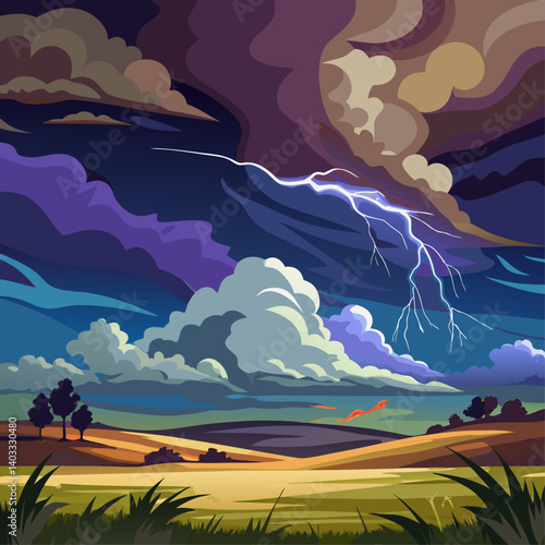 A painting of a stormy sky with a lightning bolt. The sky is dark and ominous, and the lightning bolt is bright and powerful. The mood of the painting is tense and dramatic