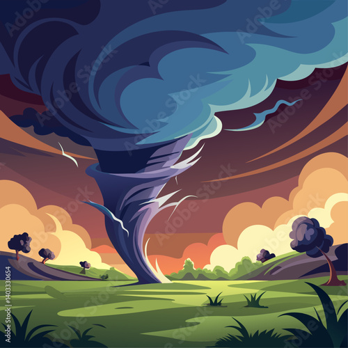 A cartoon drawing of a tornado in a field with trees in the background. Scene is ominous and dramatic