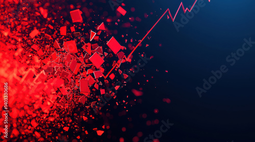 Tariff Trade War Concept, Dynamic red shards create striking visual of breaking economy chart, evoking urgency