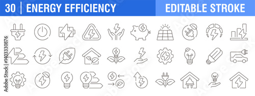 Collection of energy efficiency icons. Ecology, electricity, energy storage. Vector design template, signs, symbols, editable stroke.