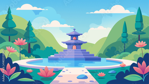 A serene meditation garden with peaceful water features and calming greenery.