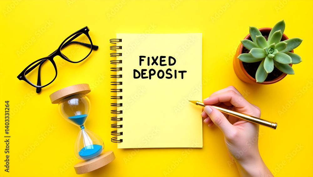 A vibrant and creative flat lay featuring a hand holding a gold pen next to a yellow spiral notebook with the words “Fixed Deposit”