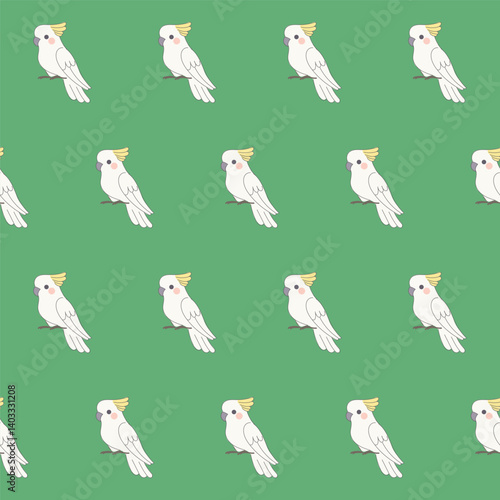Funny Cute Cockatoo Bird Seamless Patter. Wild Exotic Parrot Mascot Childish Textile Print Design. Positive Drawn Doodle Cartoon Character Wrapping Paper or Wallpaper Swatch Art. Scrapbook Surface