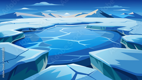 A mountain range is shown with a body of water in between. The water is frozen and the mountains are covered in snow. The scene is cold and desolate, with a sense of isolation and emptiness