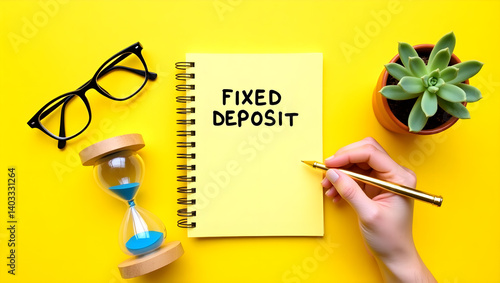 A vibrant and creative flat lay featuring a hand holding a gold pen next to a yellow spiral notebook with the words “Fixed Deposit”