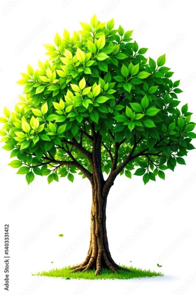 Obraz premium Tree isolated on white with sunlight filtering through leaves, leafy branches, tree on white