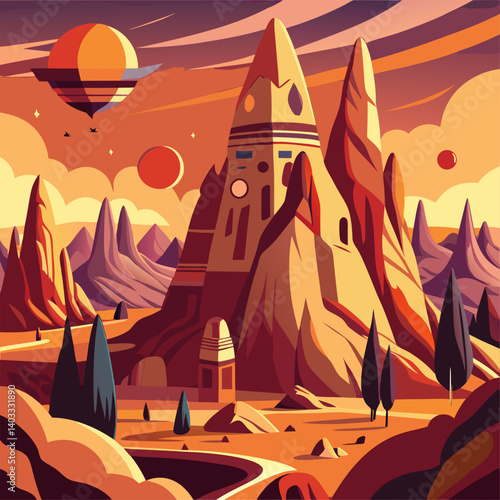 A colorful sky with a few hot air balloons and a castle in the background. The sky is filled with many hot air balloons, some of which are flying close to the ground