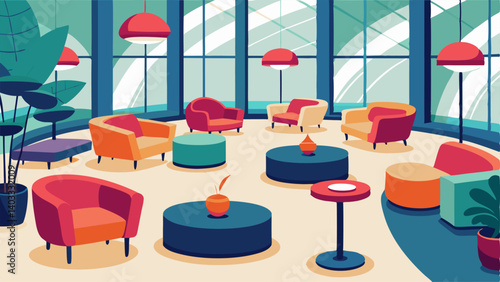 A variety of modern seating options from plush lounge chairs to sleek benches are tered throughout the atrium.