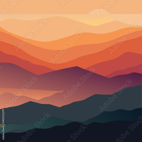 A mountain range with a sun in the sky. The mountains are orange and blue