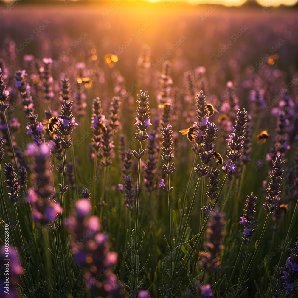 Obraz premium Bees flying over a field of lavender at sunset