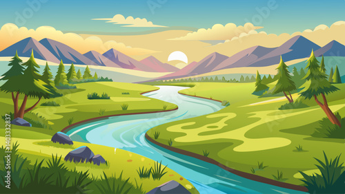 A long river runs through a lush green valley with mountains in the background. The scene is peaceful and serene, with the water flowing gently and the trees providing a sense of tranquility