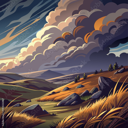 A painting of a cloudy sky with mountains in the background. The sky is filled with clouds and the mountains are in the distance. The painting has a moody and serene feeling to it