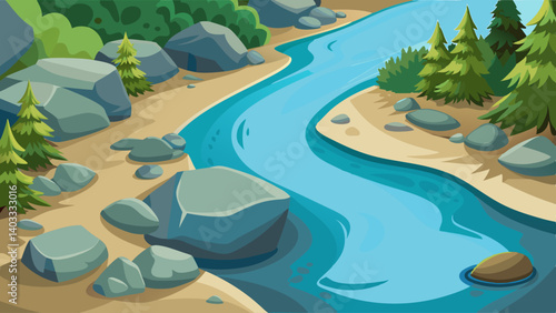 A river with a rocky shoreline and trees in the background. The water is blue and the rocks are scattered along the shore. The scene is peaceful and serene, with the water flowing calmly