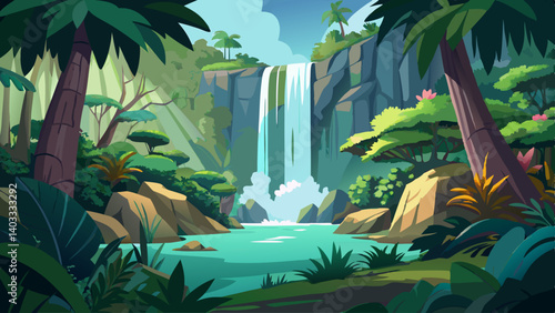 A lush green forest with a waterfall in the background. The waterfall is a large, majestic feature that adds to the beauty of the scene