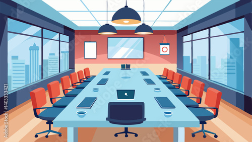 A spacious conference room set up with a large conference table and modern audiovisual equipment.