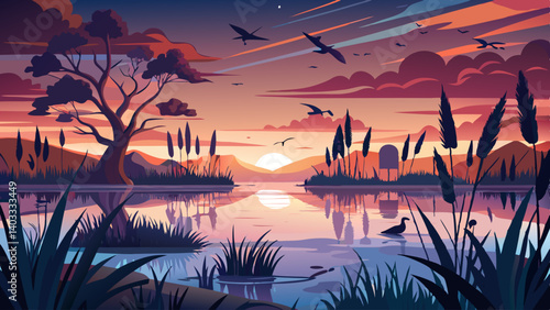 A beautiful painting of a lake with a large red moon in the sky. The sky is filled with birds flying around the lake