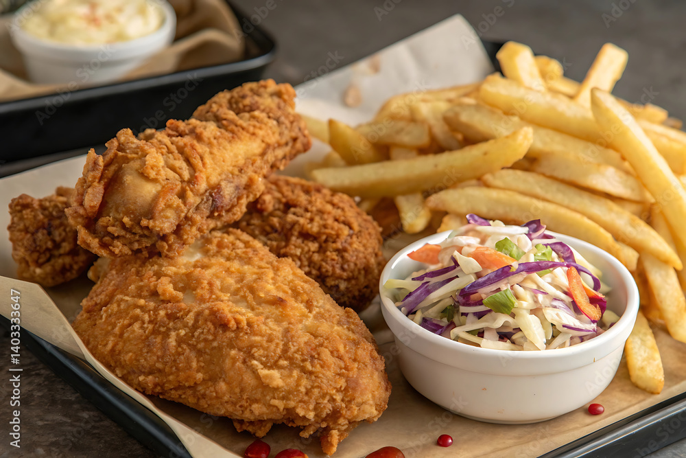 Crispy Fried Chicken with Golden Fries & Coleslaw – Comfort Food Classic. Crispy Fried Chicken with Golden Fries & Coleslaw – Comfort Food Classic.