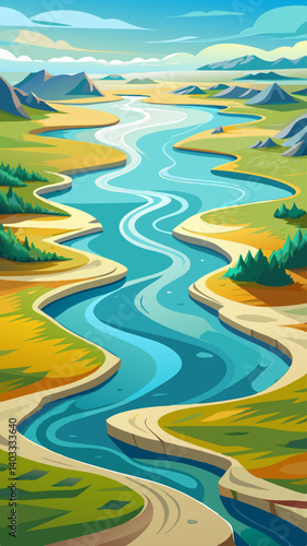 A blue river flows through a green valley. The mountains in the background are lush and green. The water is calm and peaceful