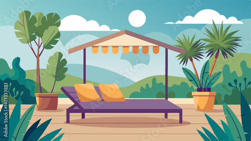 A serene outdoor patio with a comfortable daybed and a few potted palms perfect for lounging and appreciating the surrounding nature.