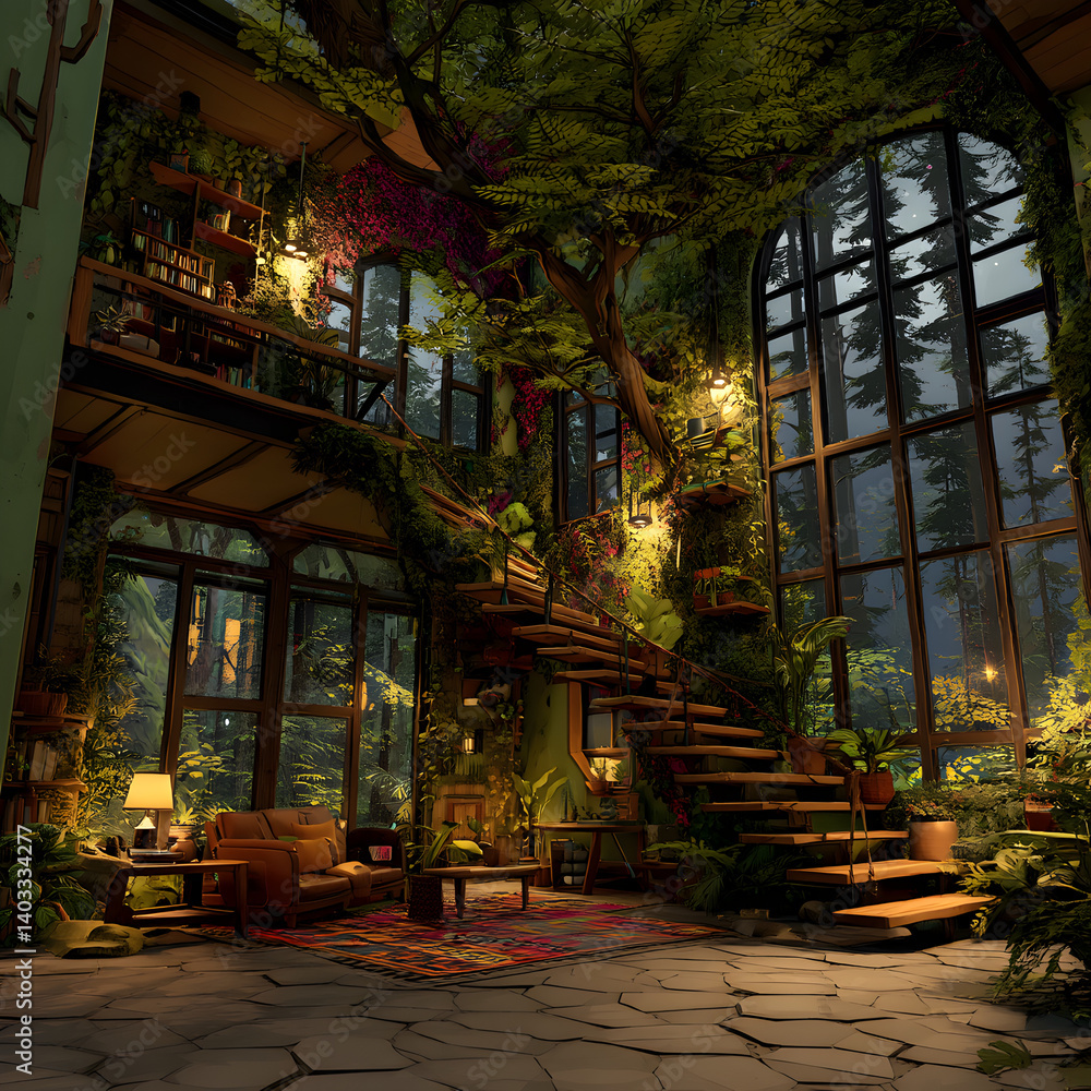 Fototapeta premium Lush Indoor Garden Room with Tree Staircase
