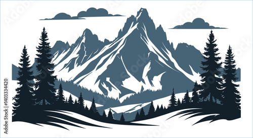 Mountain silhouettes scene with pine trees and snow covered hills