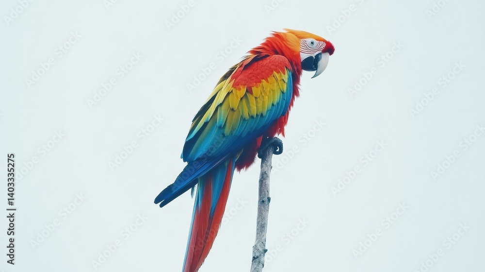 Fototapeta premium Scarlet macaw stands alert on a slender branch against a plain white background showcasing vibrant colors