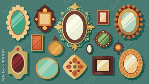 A wall adorned with an eclectic mix of vintage mirrors in different shapes and sizes