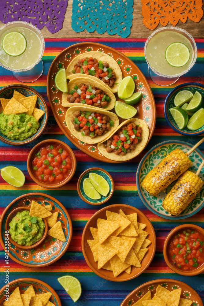 custom made wallpaper toronto digitalVue de dessus d’un plat de tacos mexicains avec sauces, lime, guacamole et elotes, décor traditionnel coloré