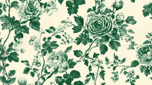 Vintage floral pattern featuring green flowers and branches on a soft beige background. Concept of classic design, botanical aesthetics, and nature-inspired decoration.
