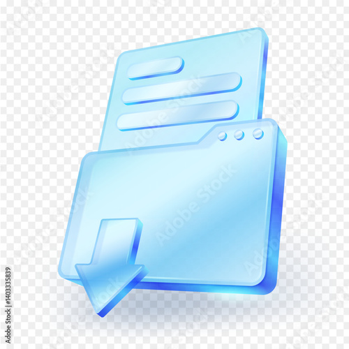 Download document file 3d icon, featuring a blue glass folder with an arrow pointing downwards, representing the downloading process. Transparent background and a sleek design. Vector EPS file.
